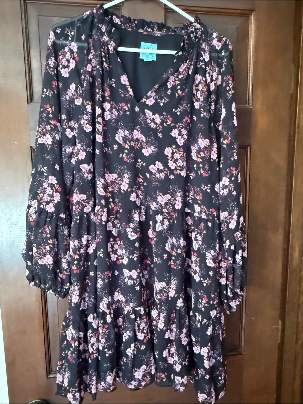 CeCe Black Floral V-Neck Tiered Long Sleeve Babydoll Dress NWT Size XL